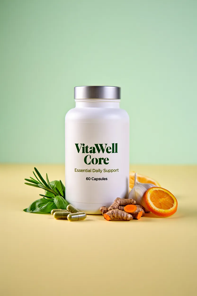 VitaWell Core supplement bottle with natural ingredients
