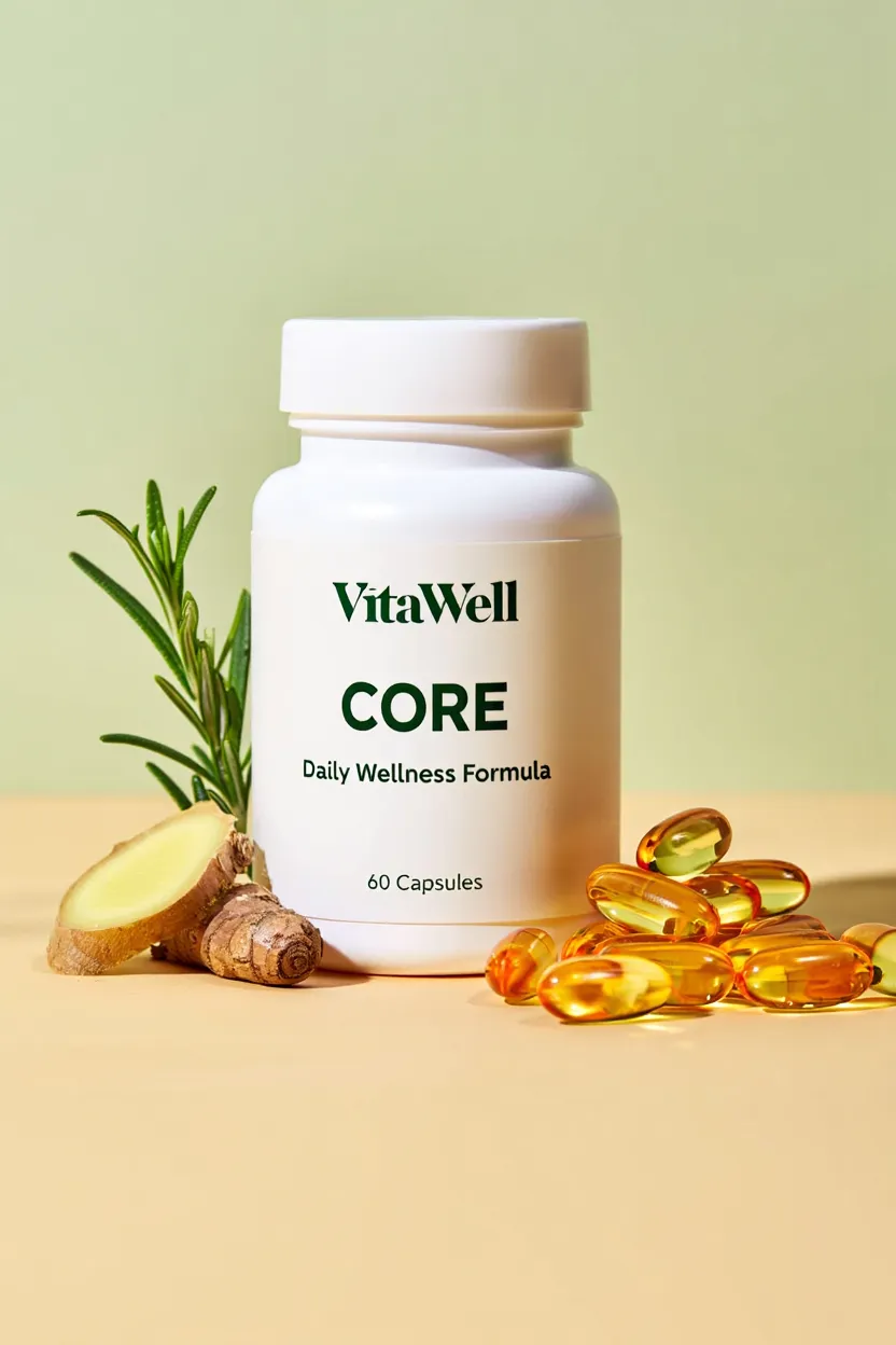 VitaWell Core supplement capsules with natural ingredient display